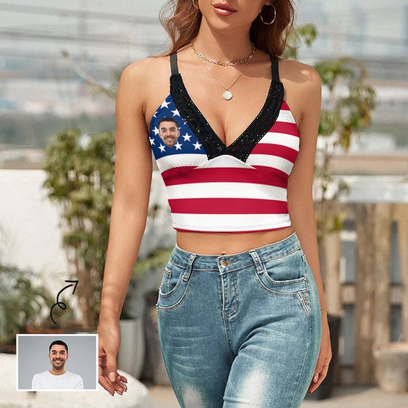 Custom Custom Face Flag Tops Women's Personalized V-Neck Crop Camisole Top for Independence Day - YesCustom