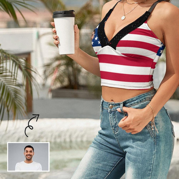 Custom Custom Face Flag Tops Women's Personalized V-Neck Crop Camisole Top for Independence Day - YesCustom