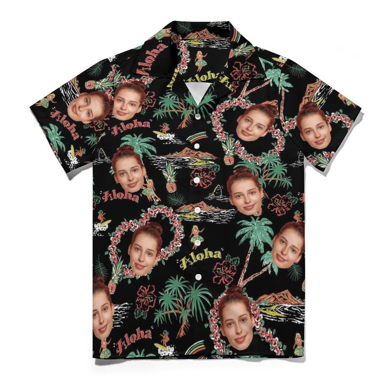 Custom Face Palm Trees and Aloha Black Men's Lapel Shirt Cuban Collar Hawaiian Shirt