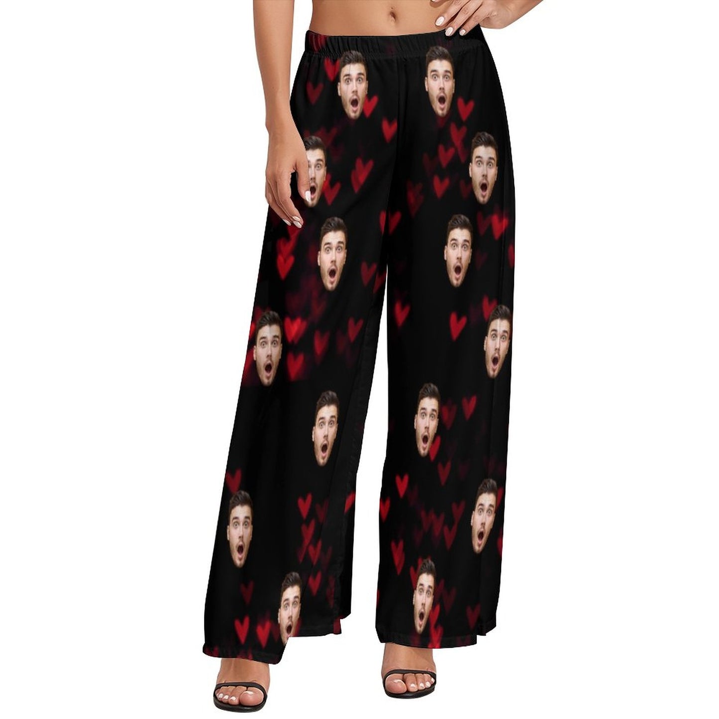 Custom Face Love Print Women's Wide Leg Pants - Black