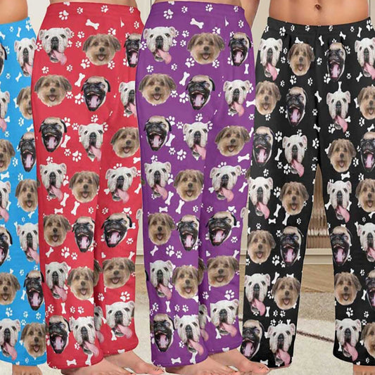 Custom Pet Face Coral Fleece Pajama Pants with Bone Foot Print Warm and Comfortable Long Pajama Pants For Men Women