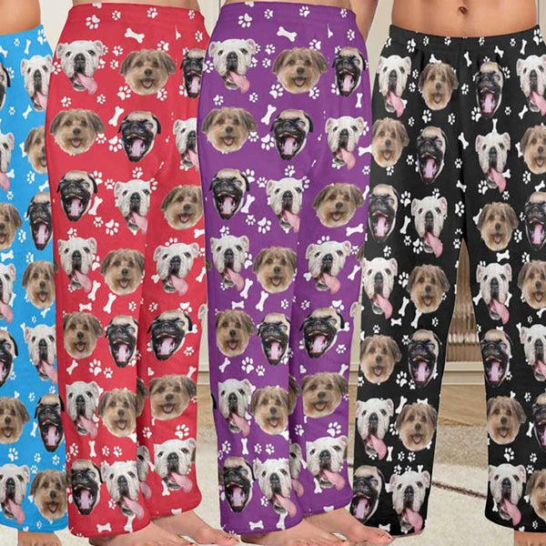 Coral Fleece Pajama Trousers-Custom Pet Face Bone Foot Print Warm and Comfortable Sleepwear Long Pajama Pants For Men Women