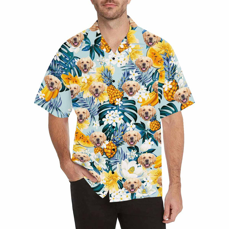 Custom Face Floral Fruits Palm Leaves Men's All Over Print Hawaiian Shirt - Cyan