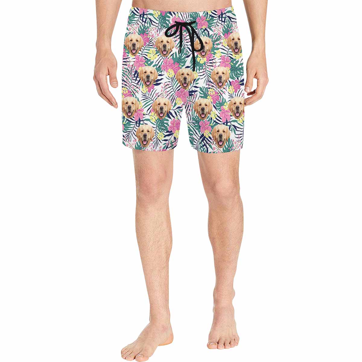 Custom Face Flower Leaves Palm Leaves Men's Mid-Length Swim Shorts - White