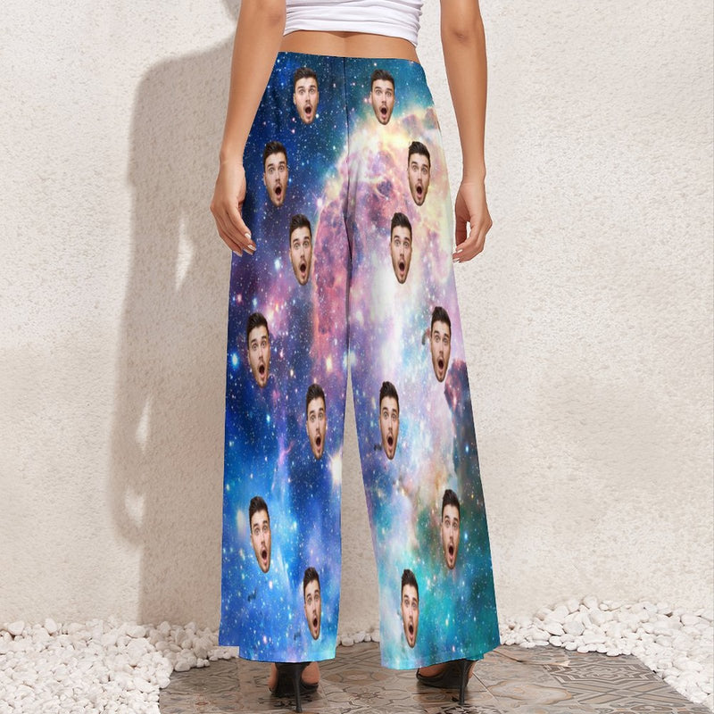 Custom Face Colorful Nebula Women's Wide Leg Pants - Blue