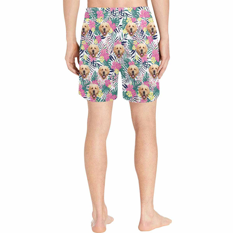 Custom Face Flower Leaves Palm Leaves Men's Mid-Length Swim Shorts - White