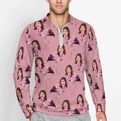 Custom Face Flamingo Pattern Men's Long Sleeve Quarter Zip Sports Golf Polo Shirt - Dark Pink