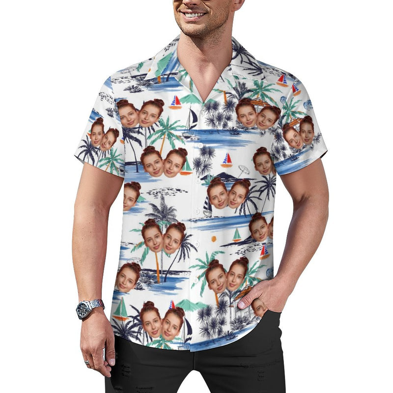 Custom Face Watercolor Beach White Men's Lapel Shirt Cuban Collar Hawaiian Shirt