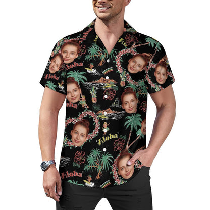 Custom Face Palm Trees and Aloha Black Men's Lapel Shirt Cuban Collar Hawaiian Shirt