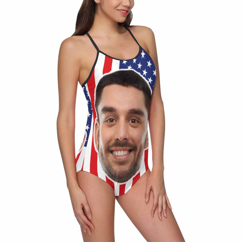 Custom #Flagbathingsuit-4th of July Boat Trip Beach Cruise Outfit Custom Face Flag Stars Personalized Bathing Suits Women's Slip One Piece Swimsuit Girlfriend Gift - YesCustom