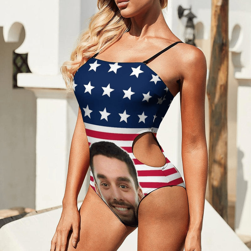 Custom #Flagbathingsuit#Independence Day-Custom Face Stars Stripes Swimsuit Personalized Women's Open Waist One Piece Bathing Suit Celebrate Holiday - YesCustom