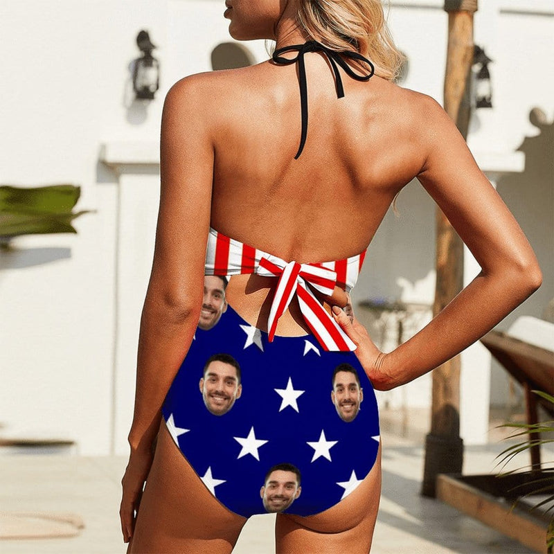 Custom #Independence Day-Custom Face Flag Swimsuit Personalized Women's Backless Bow One Piece Bathing Suit Celebrate Holiday - YesCustom