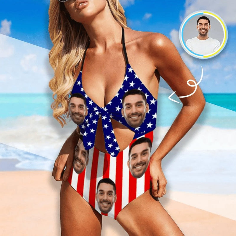 Custom #Independence Day-Custom Face Flag Swimsuit Personalized Women's Backless Bow One Piece Bathing Suit Celebrate Holiday - YesCustom