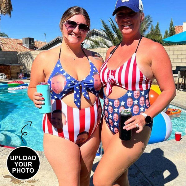 Custom #Independence Day-Custom Face Flag Swimsuit Personalized Women's Backless Bow One Piece Bathing Suit Celebrate Holiday - YesCustom