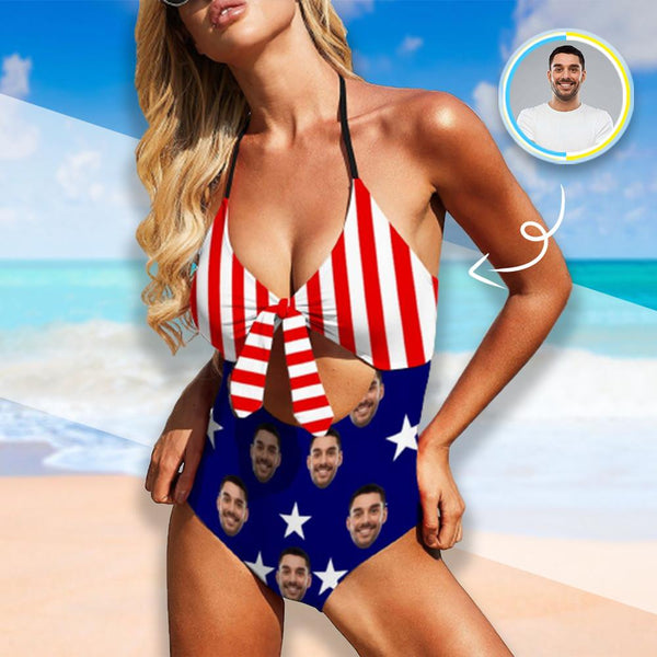 Custom #Independence Day-Custom Face Flag Swimsuit Personalized Women's Backless Bow One Piece Bathing Suit Celebrate Holiday - YesCustom