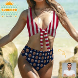 Custom #July 4-4th of July Boat Trip Beach Cruise Outfit Custom Face Bikini National Flag Personalized Women's Chest Strap Bikini Swimsuit Celebrate Party - YesCustom