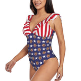 Custom #July 4-4th of July Custom Face USA Flag Swimwear Personalized Women's V-Neck Ruffle Bathing Suit One Piece Swimsuit - YesCustom