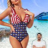 Custom #July 4-4th of July Custom Face USA Flag Swimwear Personalized Women's V-Neck Ruffle Bathing Suit One Piece Swimsuit - YesCustom