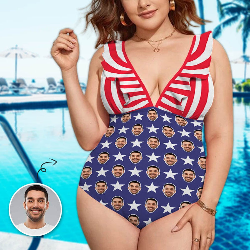 Custom #July 4-4th of July Custom Face USA Flag Swimwear Personalized Women's V-Neck Ruffle Bathing Suit One Piece Swimsuit - YesCustom