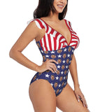 Custom #July 4-4th of July Custom Face USA Flag Swimwear Personalized Women's V-Neck Ruffle Bathing Suit One Piece Swimsuit - YesCustom