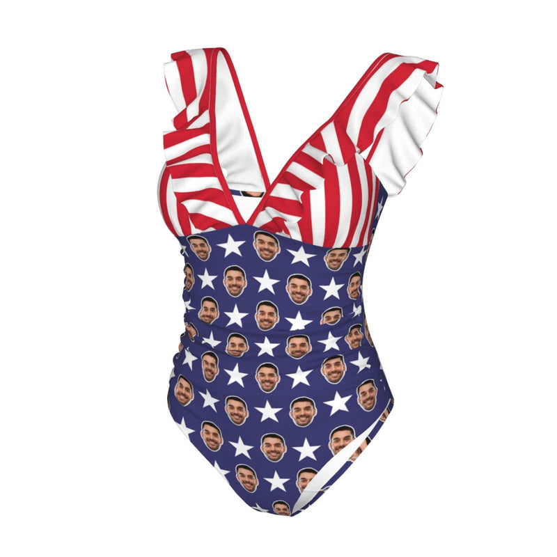 Custom #July 4-4th of July Custom Face USA Flag Swimwear Personalized Women's V-Neck Ruffle Bathing Suit One Piece Swimsuit - YesCustom