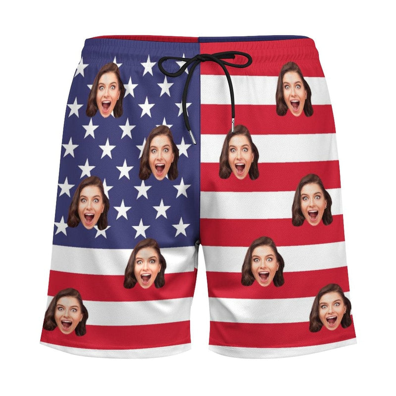 Custom Face US Flag Men's Quick Dry 2 in 1 Surfing & Beach Shorts Male Gym Fitness Shorts