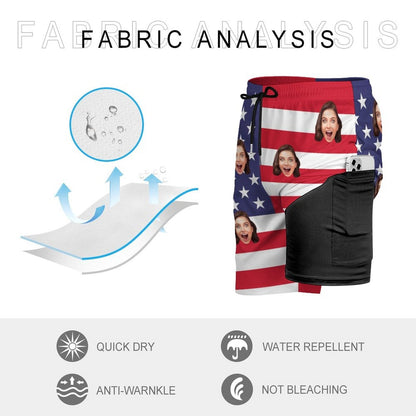 Custom Face US Flag Men's Quick Dry 2 in 1 Surfing & Beach Shorts Male Gym Fitness Shorts