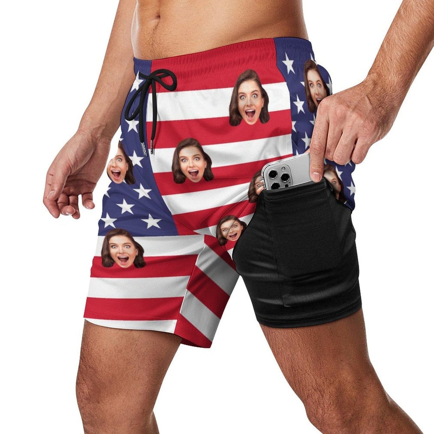 Custom Face US Flag Men's Quick Dry 2 in 1 Surfing & Beach Shorts Male Gym Fitness Shorts