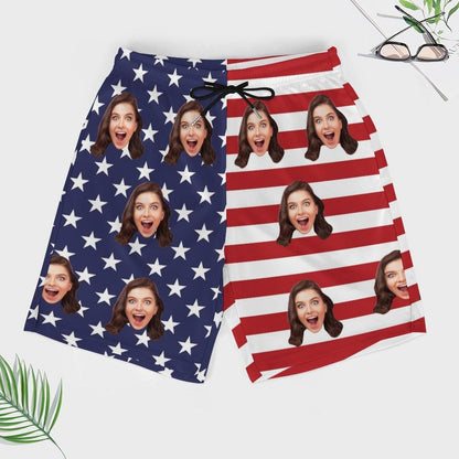 Custom Face USA Flag Men's Quick Dry 2 in 1 Surfing & Beach Shorts Male Gym Fitness Shorts