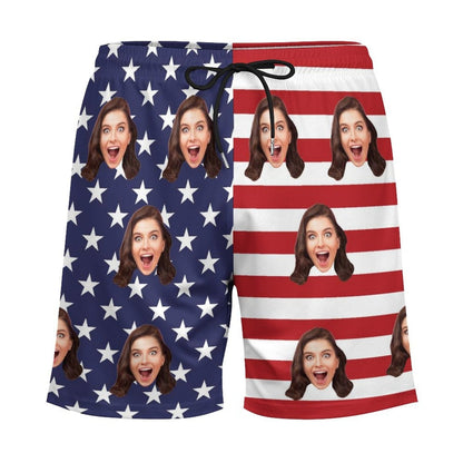 Custom Face USA Flag Men's Quick Dry 2 in 1 Surfing & Beach Shorts Male Gym Fitness Shorts