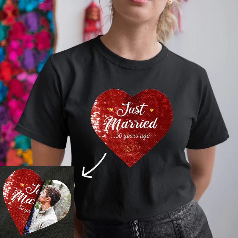 Custom Hide Photo Text Heart Shape Sequin Overlay Unisex Cotton T-shirt - Just Married