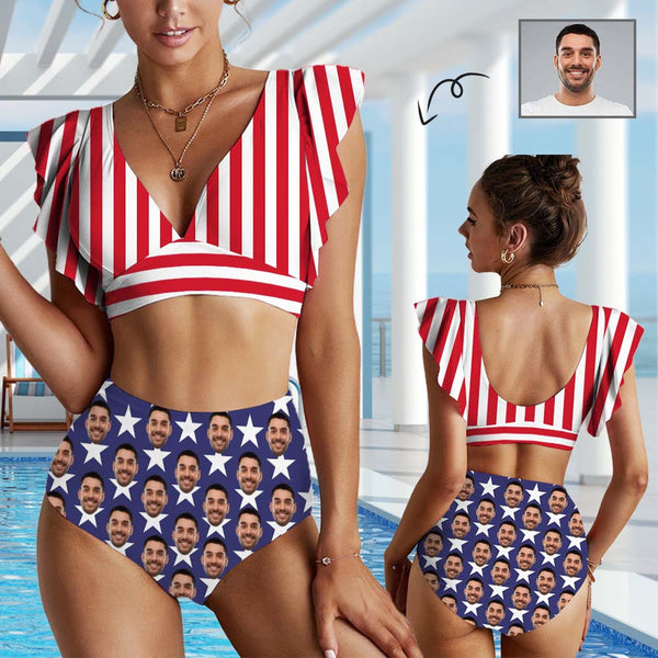 [Top Selling] Custom Face American Flag Ruffle Bikini Swimsuit Personalized Women's Two Piece Bathing Suit High Waisted Summer Beach Pool Outfits