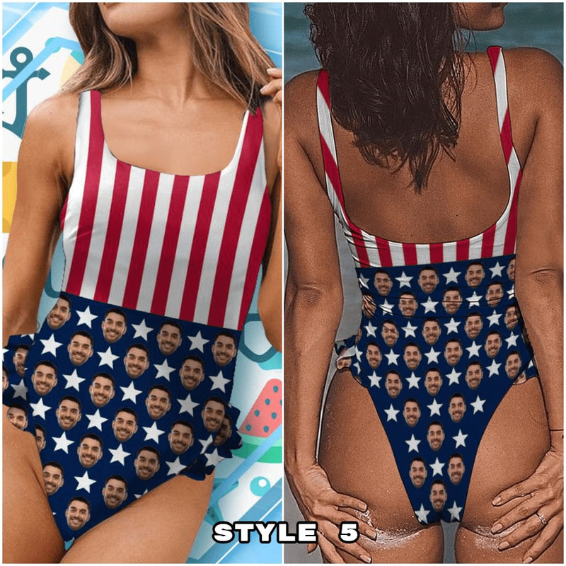 Plus-Size Custom Face American Flag Swimsuit Personalized Women's One Piece Bathing Suit Celebrate Holiday Independence Day Stars Tankini Bathing Suit