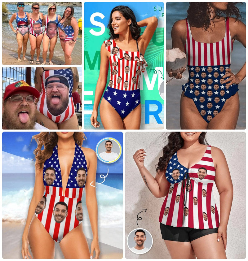 Plus-Size Custom Face American Flag Swimsuit Personalized Women's One Piece Bathing Suit Celebrate Holiday Independence Day Stars Tankini Bathing Suit