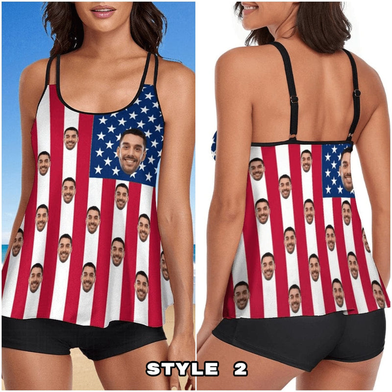 Plus-Size Custom Face American Flag Swimsuit Personalized Women's One Piece Bathing Suit Celebrate Holiday Independence Day Stars Tankini Bathing Suit