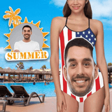 Hot American Flag Swimsuit #Best-Seller Couple Matching Swimwear 4th of July Cruise Outfits-Custom Face American Flag Swimsuit, Personalized New Drawstring Side Bathing Suit