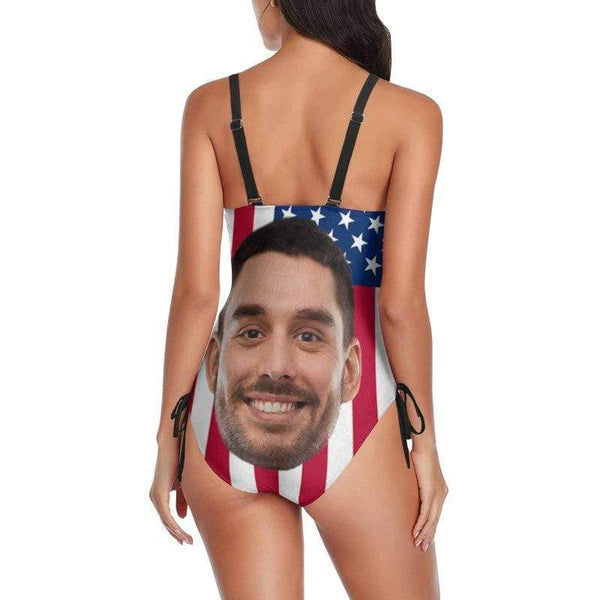 Hot American Flag Swimsuit #Best-Seller Couple Matching Swimwear 4th of July Cruise Outfits-Custom Face American Flag Swimsuit, Personalized New Drawstring Side Bathing Suit