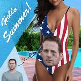 Hot American Flag Swimsuit #Best-Seller Couple Matching Swimwear 4th of July Cruise Outfits-Custom Face American Flag Swimsuit, Personalized New Drawstring Side Bathing Suit