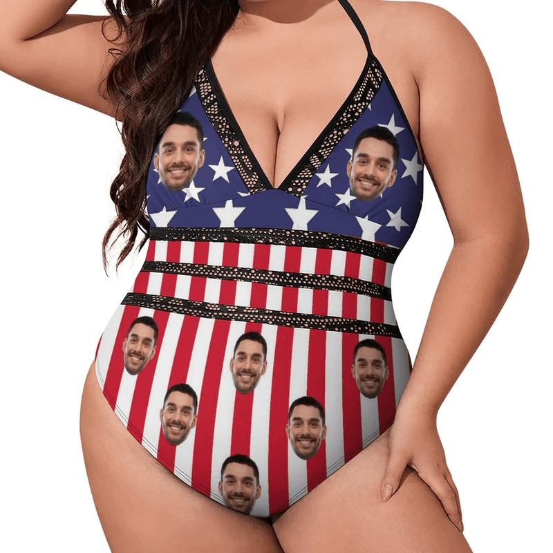 Hot American Flag Swimsuit #Best-Seller Couple Matching Swimwear 4th of July Cruise Outfits-Custom Face American Flag Swimsuit, Personalized New Drawstring Side Bathing Suit