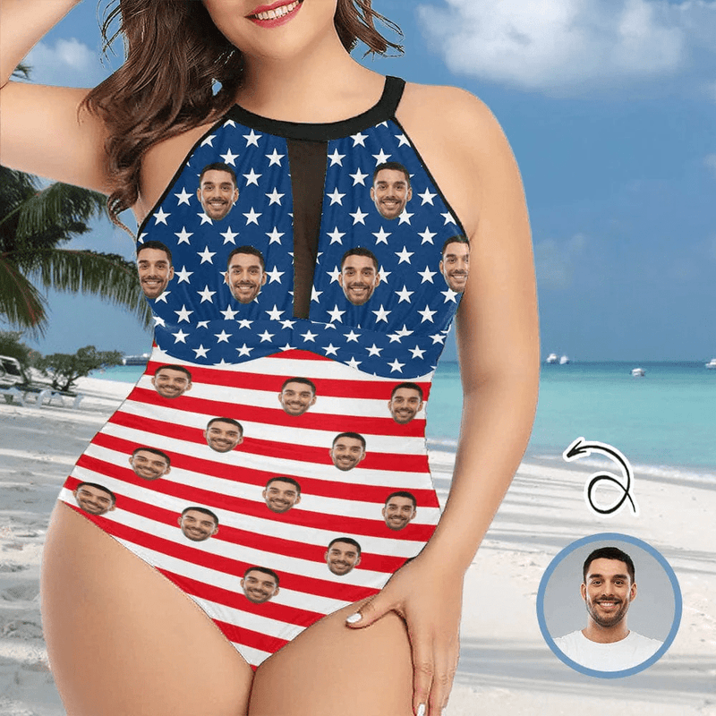 Hot American Flag Swimsuit #Best-Seller Couple Matching Swimwear 4th of July Cruise Outfits-Custom Face American Flag Swimsuit, Personalized New Drawstring Side Bathing Suit