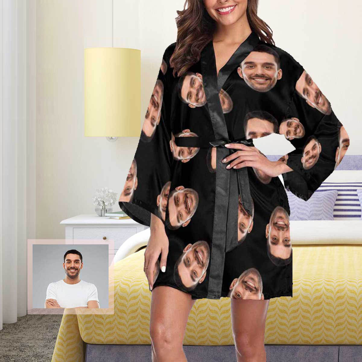 Custom Boyfriend Face Black Background Women's Short Pajamas Funny Personalized Photo Pajamas Kimono Robe