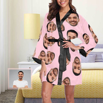 Custom Boyfriend Face Black Background Women's Short Pajamas Funny Personalized Photo Pajamas Kimono Robe