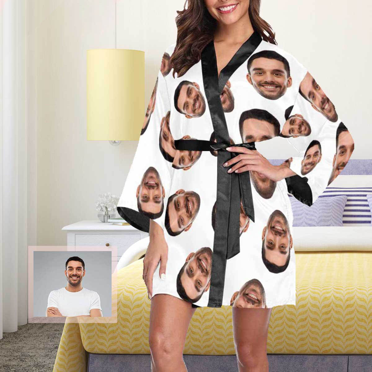 Custom Boyfriend Face Black Background Women's Short Pajamas Funny Personalized Photo Pajamas Kimono Robe