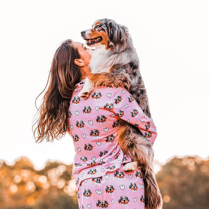 Custom Pet Face Love Heart Shape Couple Sleepwear Women's Lightweight Long Pajama Set Men's Sleepwear - White