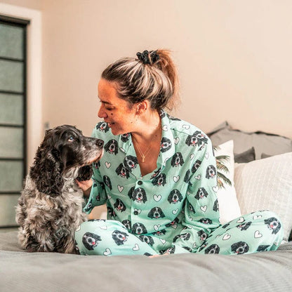 Custom Pet Face Love Heart Shape Couple Sleepwear Women's Lightweight Long Pajama Set Men's Sleepwear - White