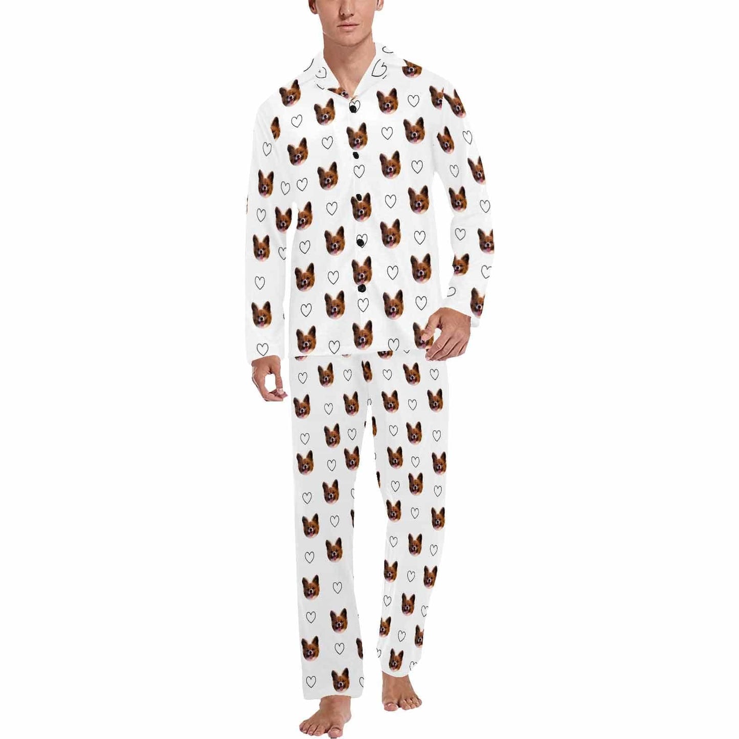 Custom Pet Face Love Heart Shape Couple Sleepwear Women's Lightweight Long Pajama Set Men's Sleepwear - White