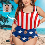 Custom #Plus Size Ruffle Tankini-Custom Face American Flag Plus Size Swimsuit Ruffle High Waisted Bikini Personalized Tankini Women's Two Piece Summer Swimsuit Cover Your Tummy - YesCustom