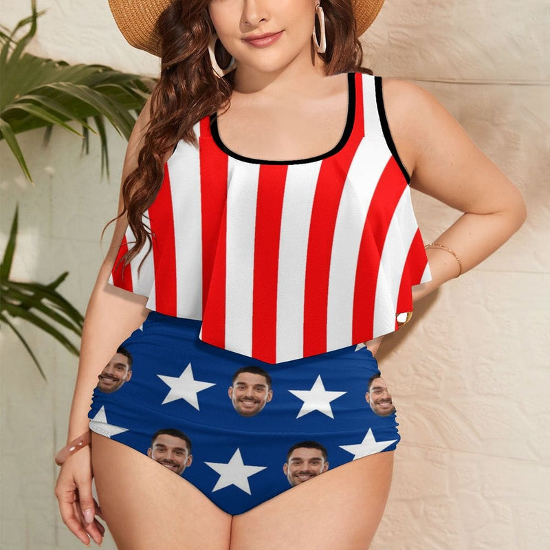 Custom #Plus Size Ruffle Tankini-Custom Face American Flag Plus Size Swimsuit Ruffle High Waisted Bikini Personalized Tankini Women's Two Piece Summer Swimsuit Cover Your Tummy - YesCustom