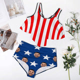 Custom #Plus Size Ruffle Tankini-Custom Face American Flag Plus Size Swimsuit Ruffle High Waisted Bikini Personalized Tankini Women's Two Piece Summer Swimsuit Cover Your Tummy - YesCustom