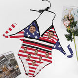 Custom #Plus-Size Swimsuit-Custom Face American Flag Swimsuits Personalized Women's New Strap One Piece Bathing Suit Celebrate Holiday - YesCustom